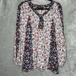 Zac & Rachel XL Top Shirt Red White Floral Flower Long Sleeve V Neck Sheer Women